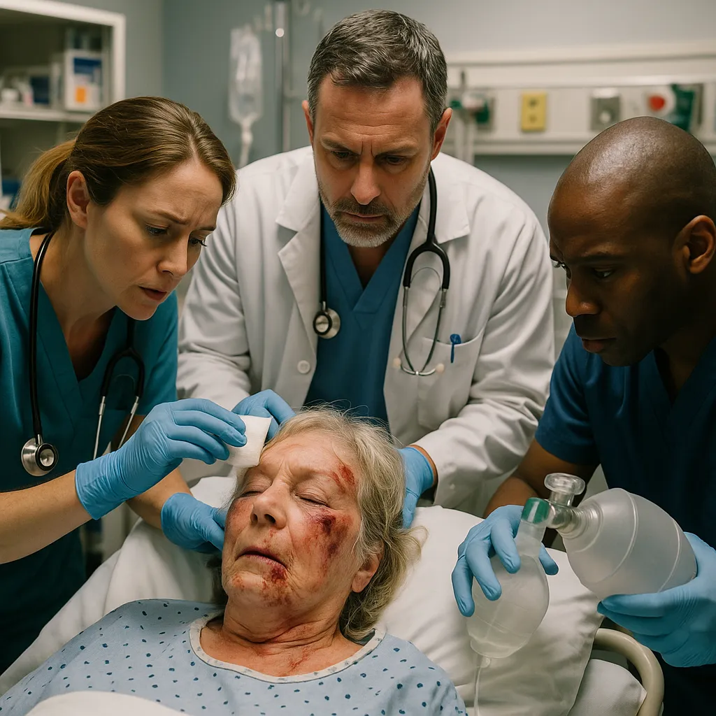 Elderly female patient with facial injuries and head trauma