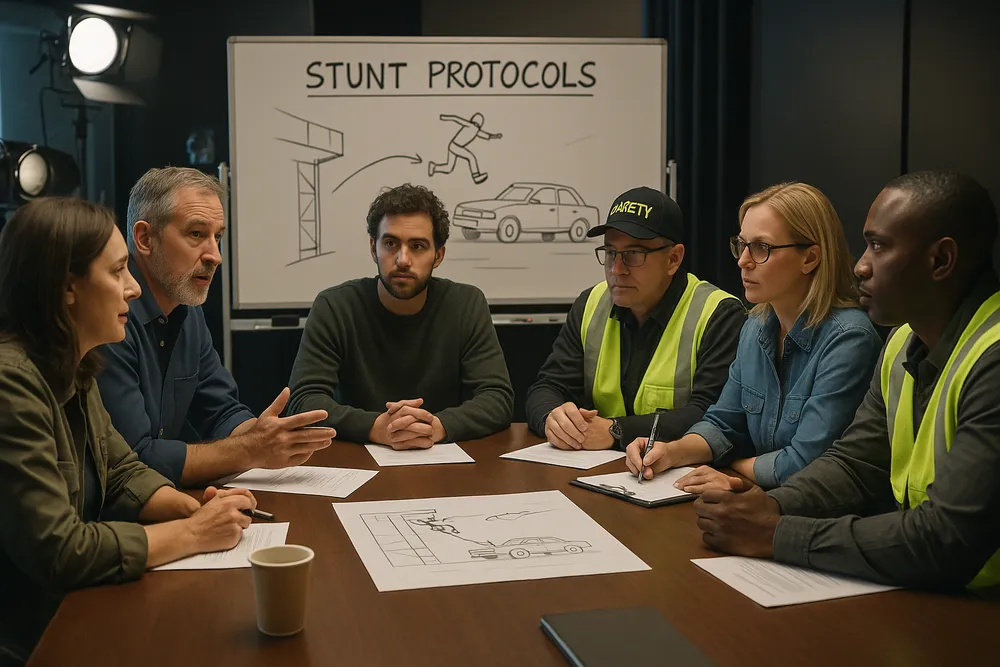 Film production safety meeting with directors, stunt coordinators and safety personnel