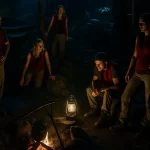 Reality TV jungle camp at night showing poor lighting conditions