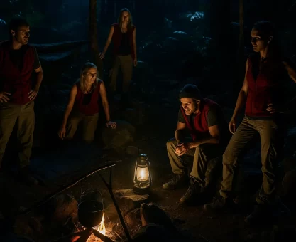 Reality TV jungle camp at night showing poor lighting conditions