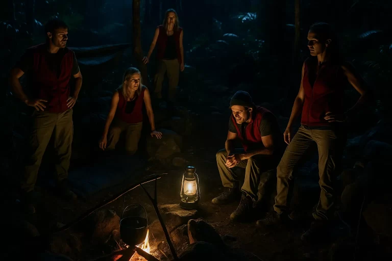 Reality TV jungle camp at night showing poor lighting conditions