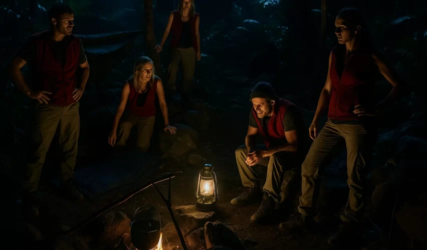 Reality TV jungle camp at night showing poor lighting conditions