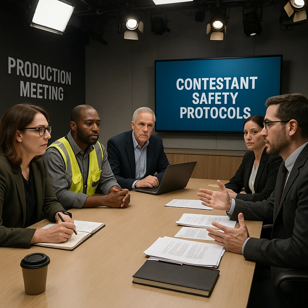 Television production safety meeting with producers