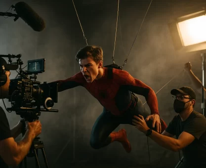 Young male actor in red and blue Spider-Man costume performing dangerous stunt
