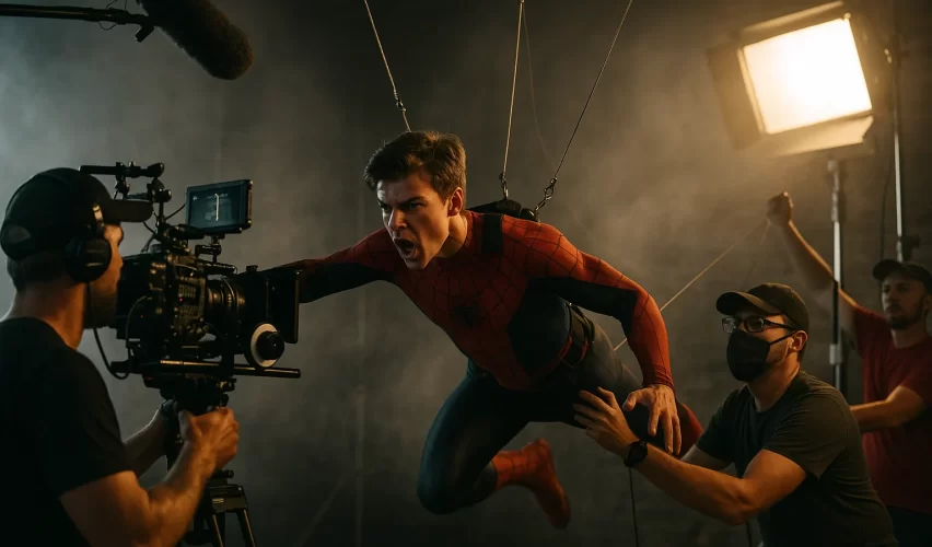 Young male actor in red and blue Spider-Man costume performing dangerous stunt