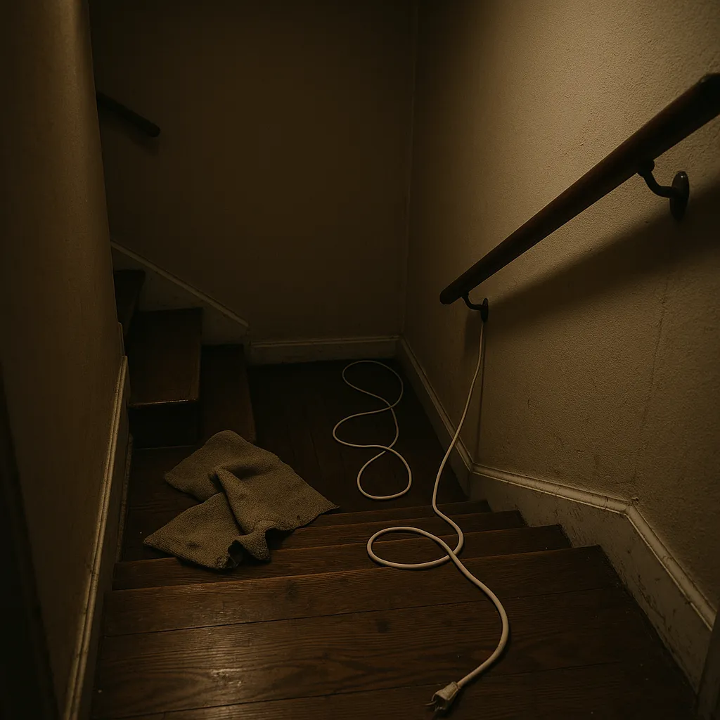 Dangerous residential staircase with poor lighting and safety hazards