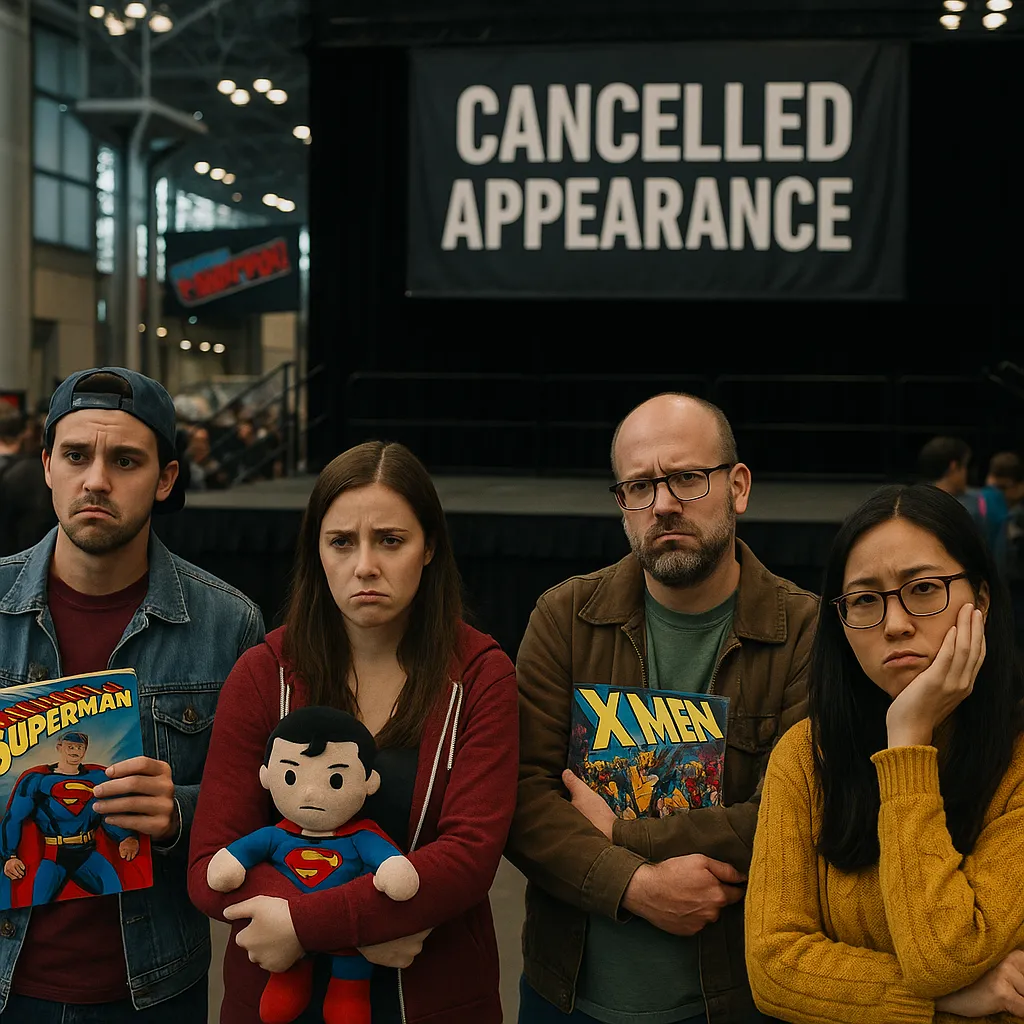 Disappointed fans at New York Comic Con holding Superman and X-Men merchandise