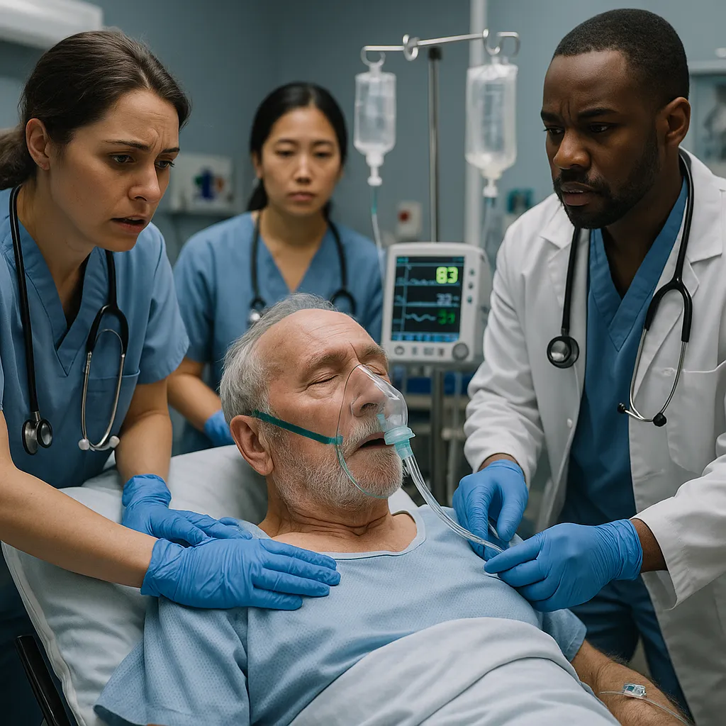 Elderly male patient receiving emergency medical treatment