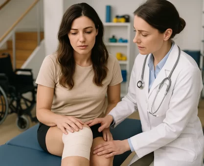Female patient with knee injury receiving medical treatment