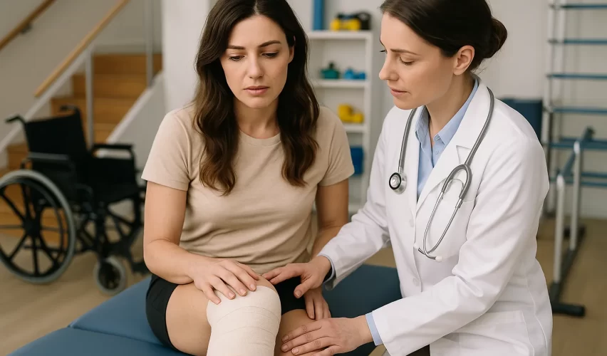 Female patient with knee injury receiving medical treatment