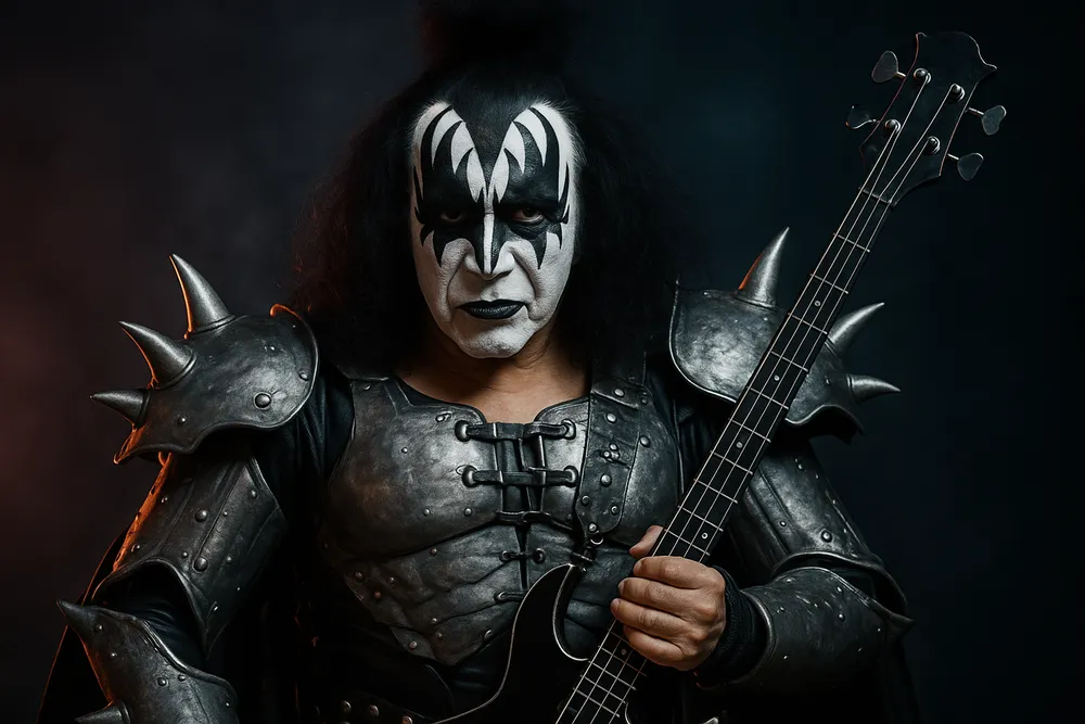 Gene Simmons from KISS in iconic black and white face makeup and costume with bass guitar