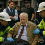 Professional film set photography showing elderly male actor being assisted by medical staff
