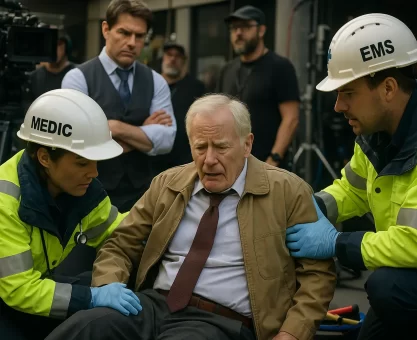 Professional film set photography showing elderly male actor being assisted by medical staff
