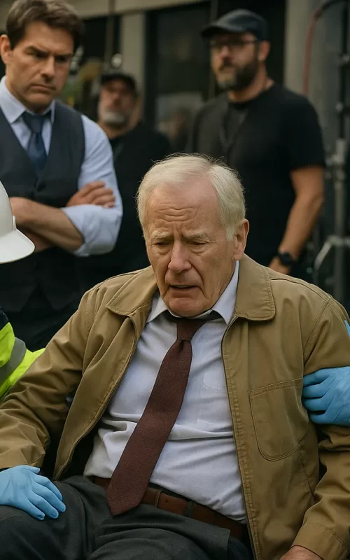 Professional film set photography showing elderly male actor being assisted by medical staff