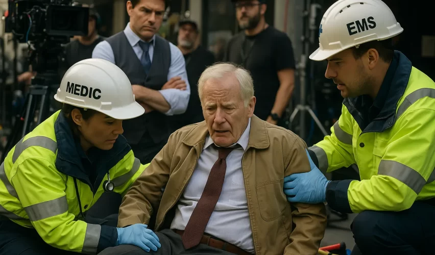 Professional film set photography showing elderly male actor being assisted by medical staff