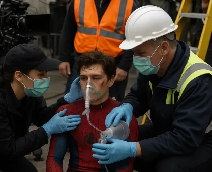 Professional film set photography showing young male actor in Spider-Man costume