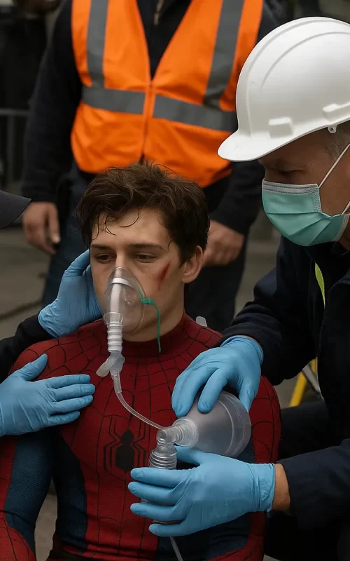 Professional film set photography showing young male actor in Spider-Man costume