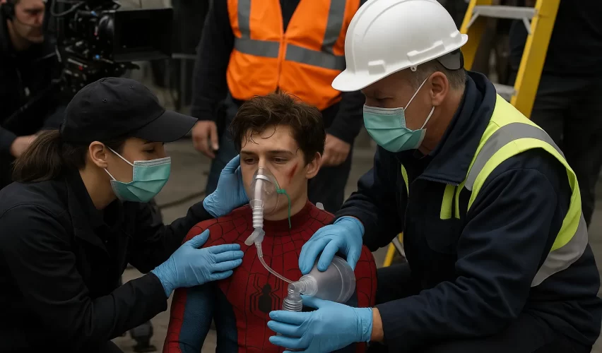 Professional film set photography showing young male actor in Spider-Man costume