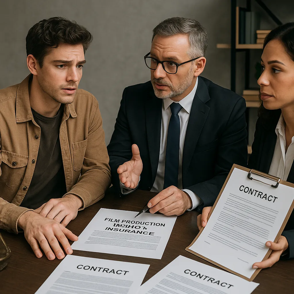 Professional legal consultation photography showing young male actor meeting with entertainment lawyers