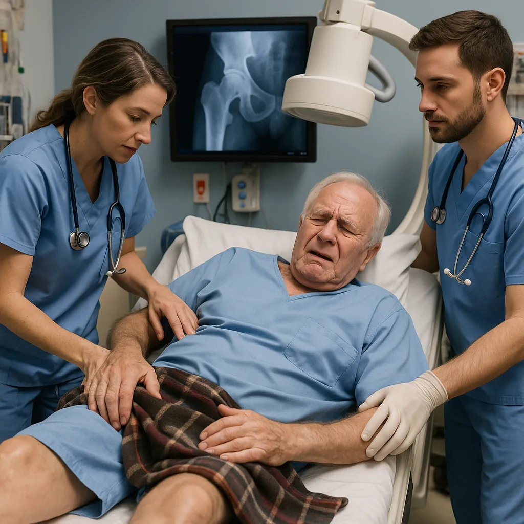 Professional medical photography showing elderly male patient receiving hip injury treatment