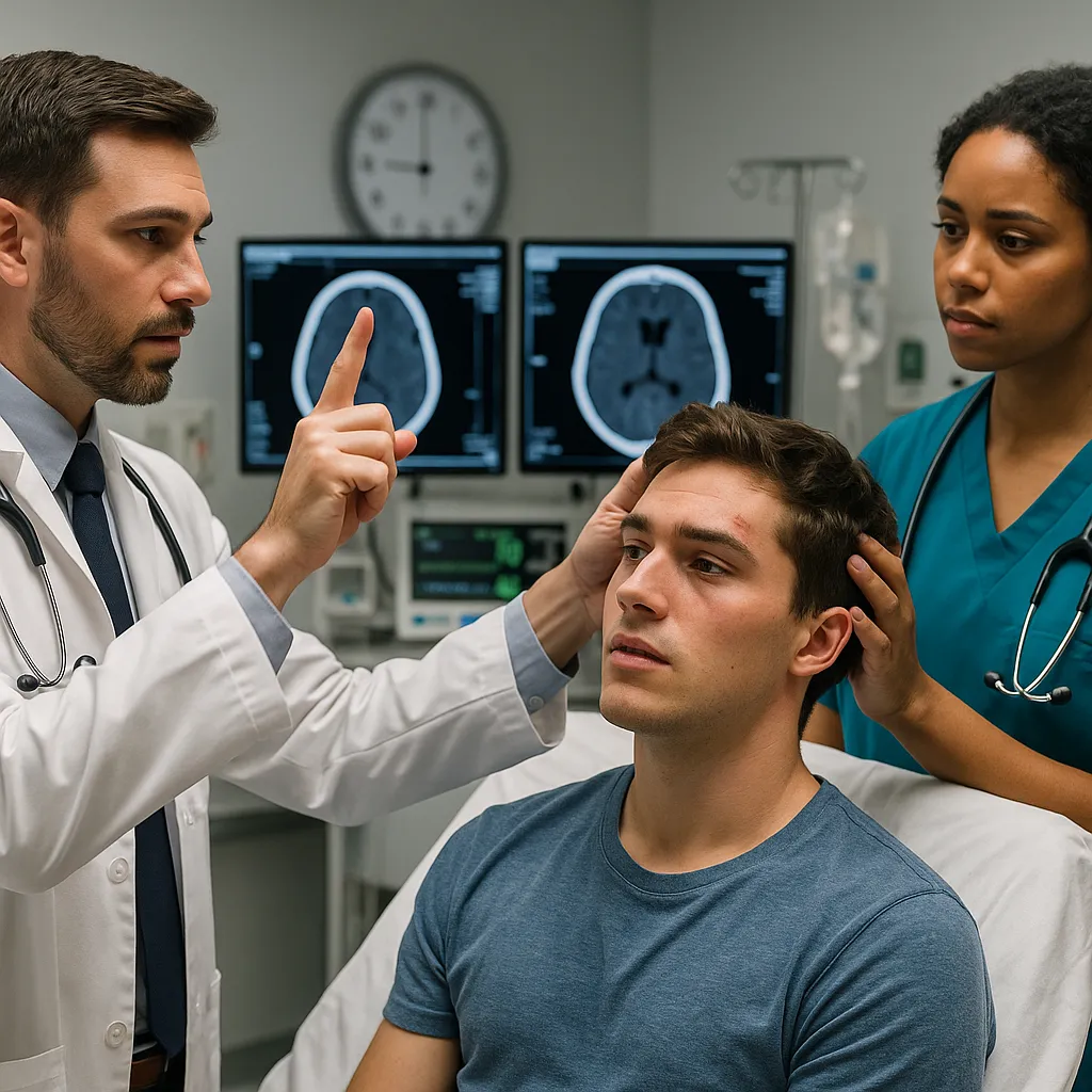 Professional medical photography showing young male patient receiving neurological examination
