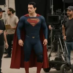 Superman actor in costume on movie set with visible knee support