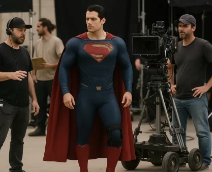 Superman actor in costume on movie set with visible knee support