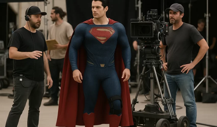 Superman actor in costume on movie set with visible knee support