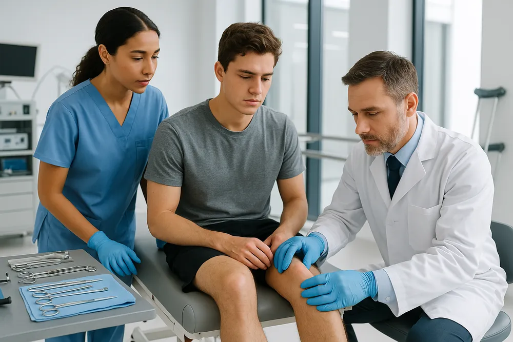 Young male actor receiving orthopedic knee examination