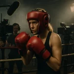 Young blonde female actress in boxing gear and protective headgear during intense training scene