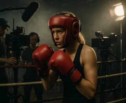 Young blonde female actress in boxing gear and protective headgear during intense training scene