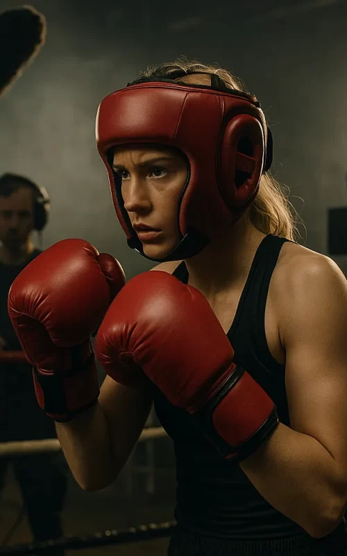 Young blonde female actress in boxing gear and protective headgear during intense training scene