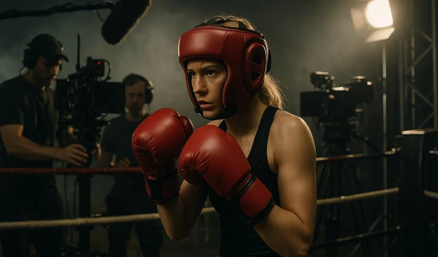 Young blonde female actress in boxing gear and protective headgear during intense training scene