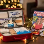Holiday lights and first‑aid kit representing celebrity Christmas injury safety