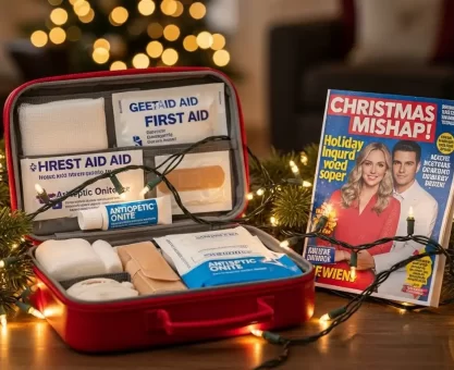 Holiday lights and first‑aid kit representing celebrity Christmas injury safety