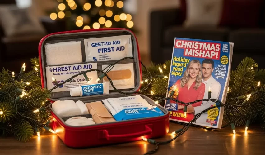 Holiday lights and first‑aid kit representing celebrity Christmas injury safety