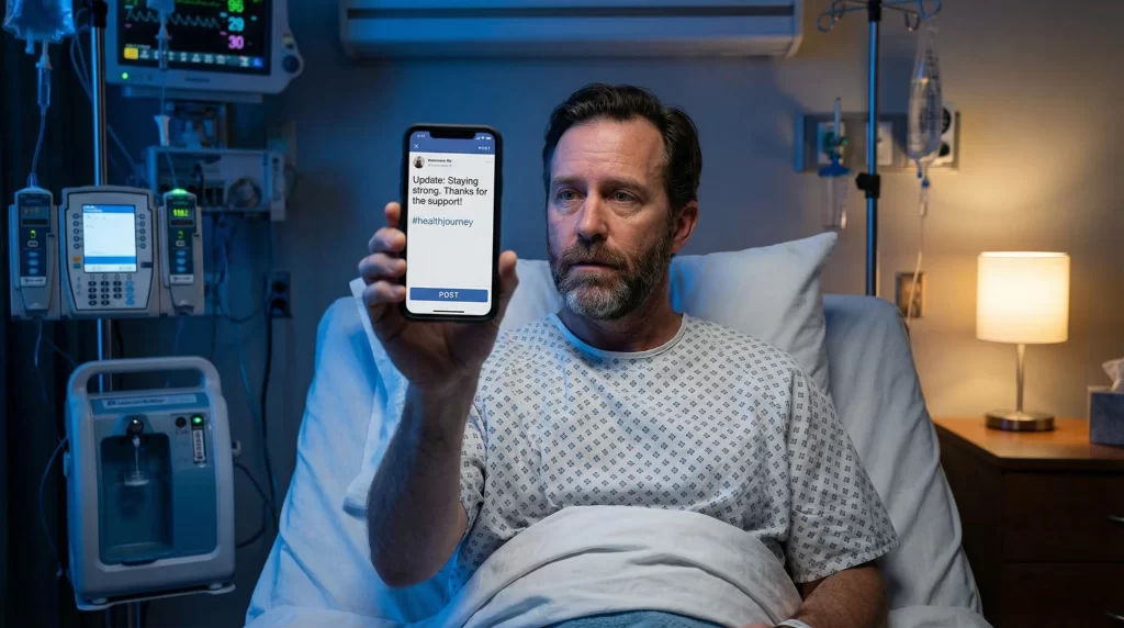Celebrity in hospital bed holding smartphone to post social media update about health emergency