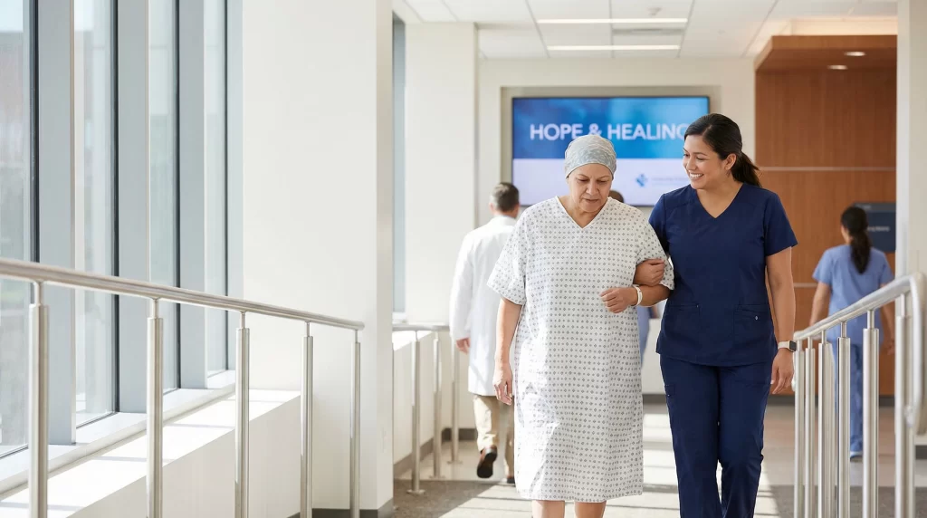 Celebrity patient walking down hospital corridor assisted by nurse during recovery