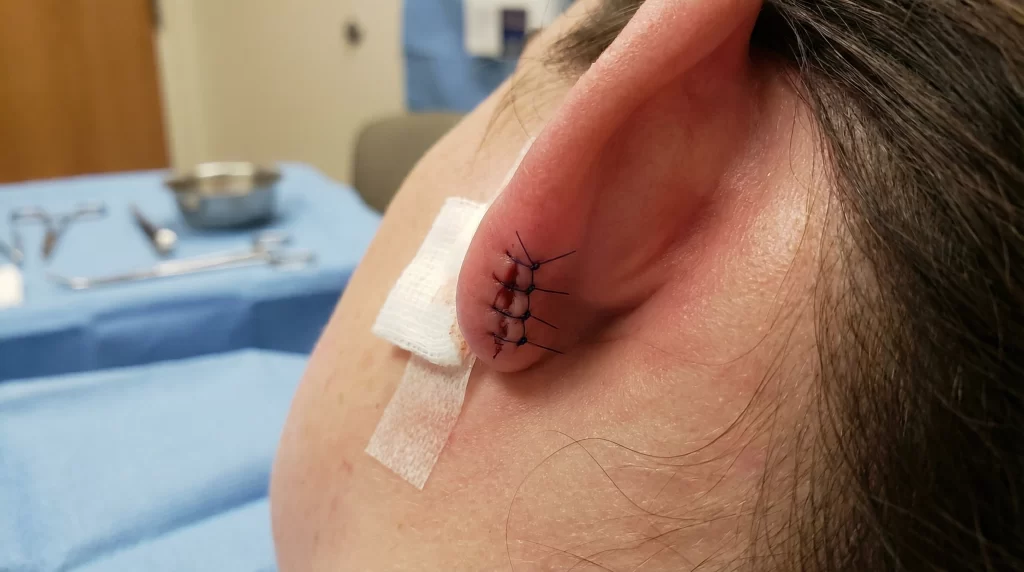 Close-up of ear laceration with five stitches after being struck by a thrown phone