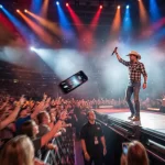 Country singer on stage at packed arena as mobile phone flies through the air from the crowd