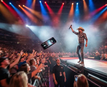 Country singer on stage at packed arena as mobile phone flies through the air from the crowd