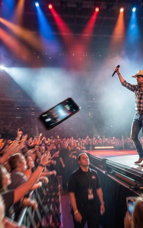 Country singer on stage at packed arena as mobile phone flies through the air from the crowd