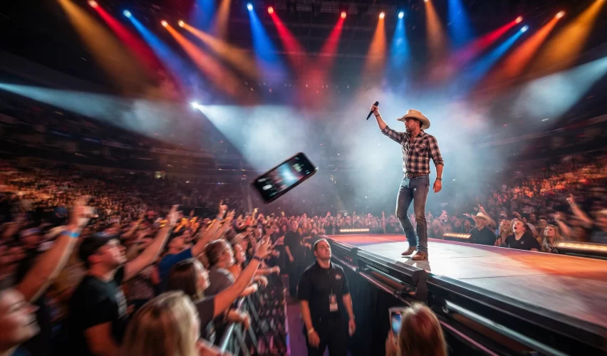 Country singer on stage at packed arena as mobile phone flies through the air from the crowd