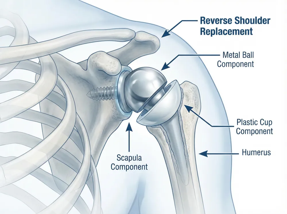 Detailed medical diagram of a reverse total shoulder replacement procedure