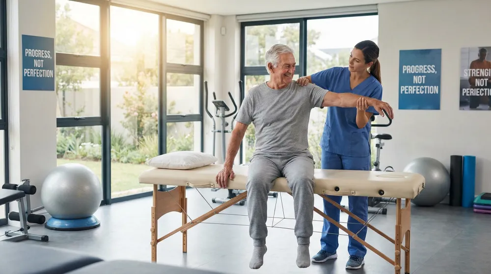 Elderly man smiling during shoulder physical therapy session with a professional therapist