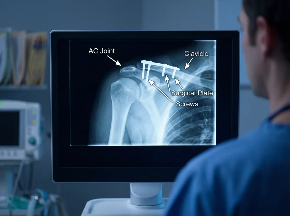 Medical X-ray on a clinical screen showing a surgically repaired AC joint separation