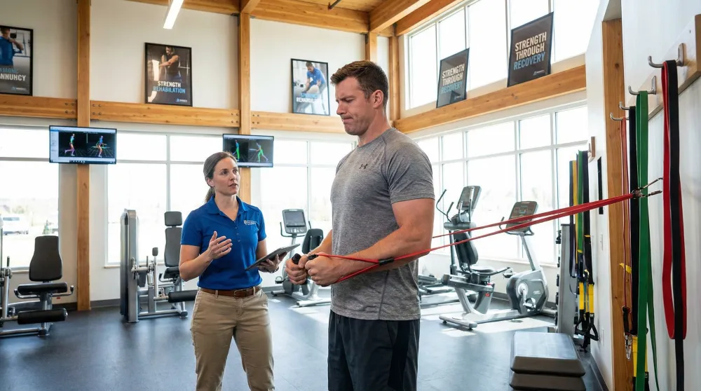 Muscular man doing resistance band shoulder rehabilitation exercises supervised by a sports medicine specialist