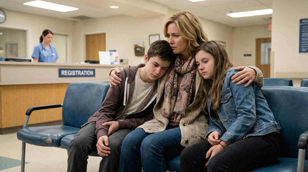 A concerned mother comforting her children in a hospital waiting area after a traumatic event showing family resilience