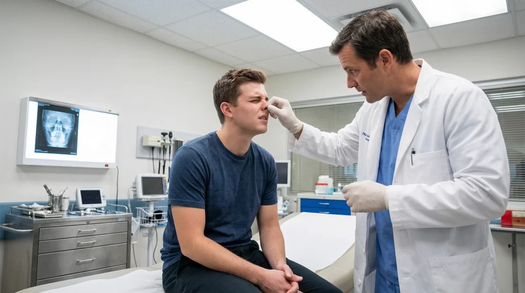 A doctor examining a young male patient's broken nose in a hospital emergency room with an X-ray on the wall
