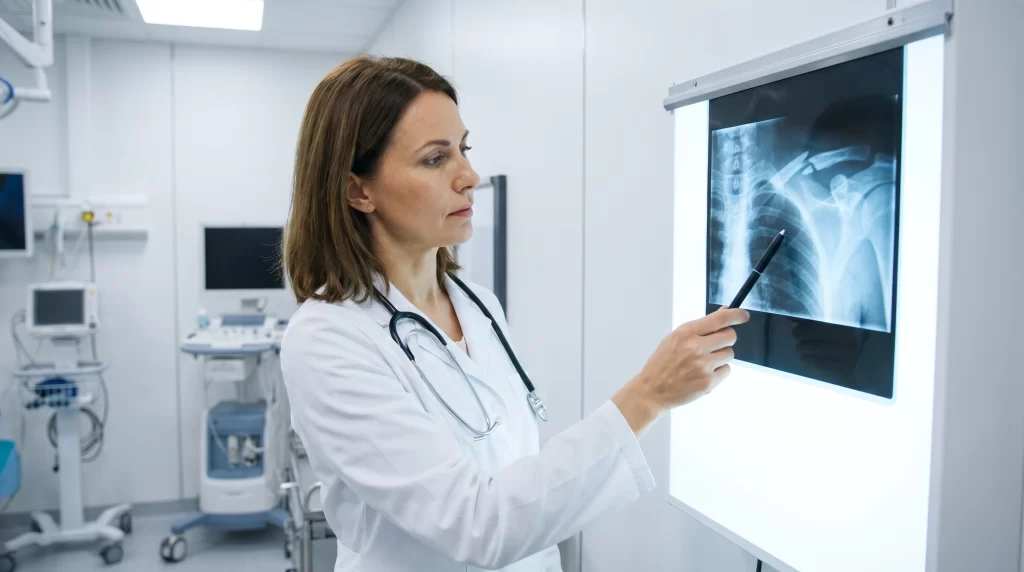 A doctor in a white coat reviewing an X-ray of a fractured clavicle bone on a brightly lit medical light board